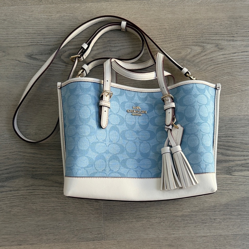 Coach Light Blue Canvas Tote with White Trim and Tassels